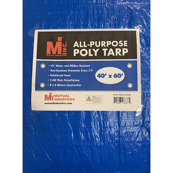 Tarp, 40 ft x 60 ft, 5 Mil, Blue, UV Resistant, Mildew Resistant